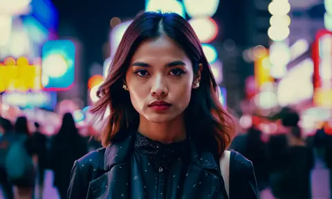 A cinematic timelapse shot of a woman staring dead into the camera with many people walking around her in a the city of Tokyo at night