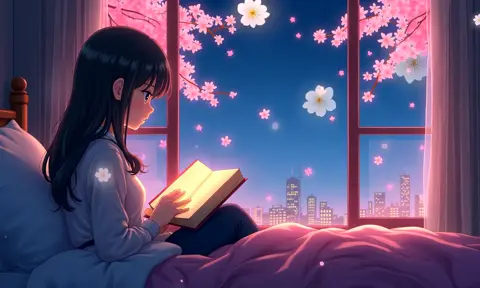 Anime girl sits in bed reading a book while flowers appear and move around her