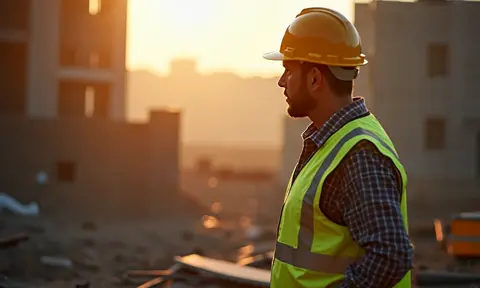 Engineer looks out over a construction site at dusk, light leaks on camera, wearing high vis vest