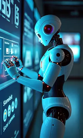 An advanced AI robot slowly enters data on a touch screen monitor