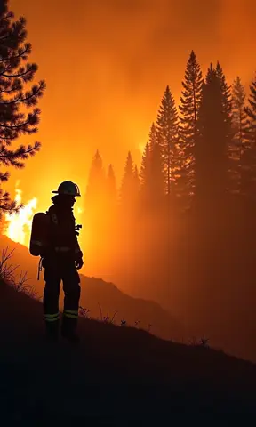 A fireman walks towards the camera as a massive forest fire burns in the background