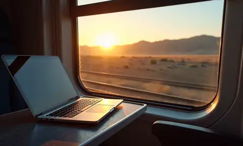 A laptop sits on the table in a train as nature passes by out the window