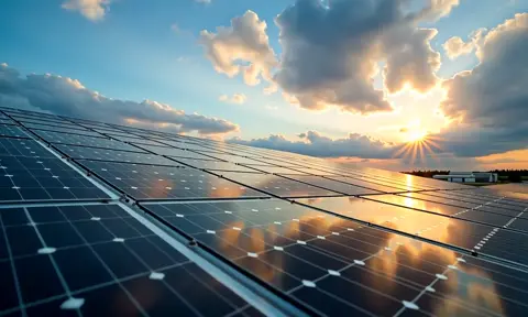 Solar panels on a roof with clouds moving across the sky in the background