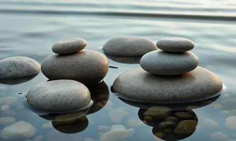 Rock formations sit in the clear water as tiny waves roll in