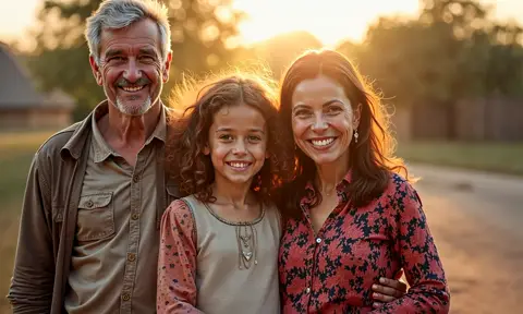 Camera pans around a smiling family with mum, dad, and a young daughter in the middle