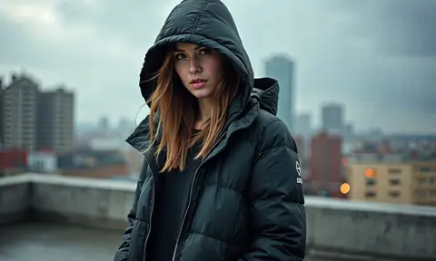 Young woman wearing a hoody standing on an apartment rooftop with medium city buildings in the background