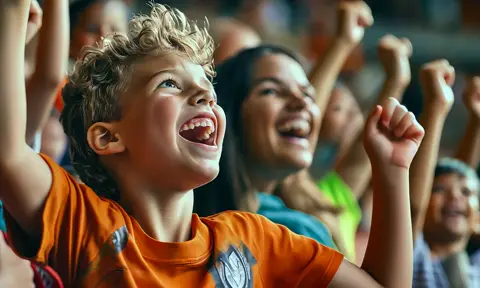 Young boy with a wide smile raises his arms while spectating the game or match