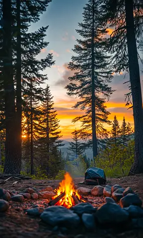 Fire burns quietly as the sun sets in a timelapse over the camp site in the woods