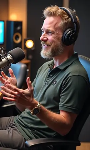 Quirky radio announcer speaks and smiles moving his hands about in time with his expression