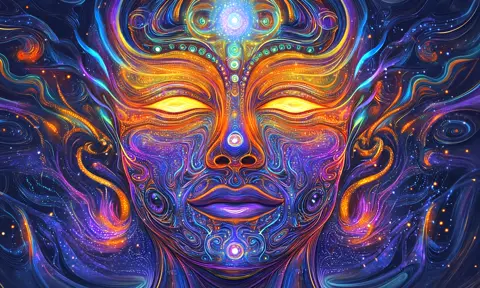 Camera zooms out from a colorful, psychedelic figure showing trippy fractal designs like DMT or LSD trips