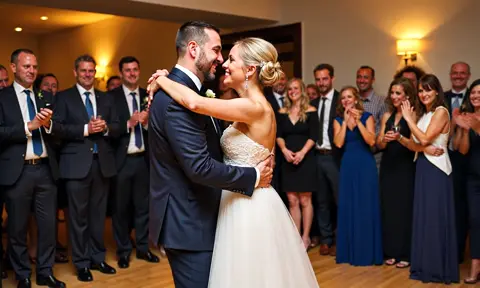 Couple look into each other's eyes smiling on their wedding day as they take the first dance