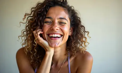 Woman with brown skin and curly hair posing laughing and smiling gently into the camera in a candid photoshoot