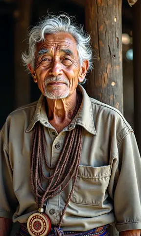 Camera moves closer to an old wise asian looking man who looks into the lens with wisdom