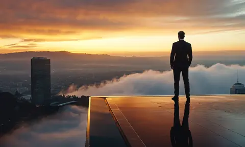 Man stands on the roof in business suit, looking down over the cloudy city