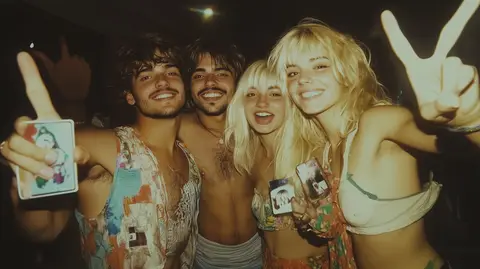 Group of shirtless young adults, male and female, posing together and making peace signs at a night gathering.