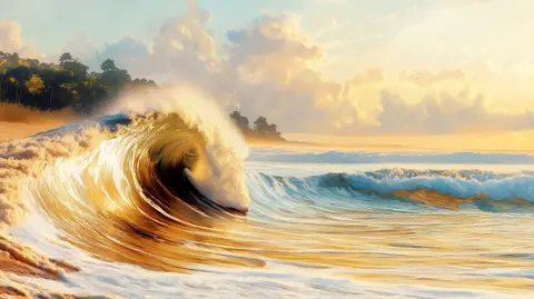 Crashing ocean wave captured mid-curl at sunset on a sandy beach.