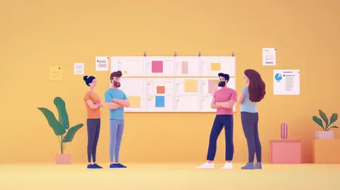 A group of people discussing ideas and plans in front of a board with various colored notes.
