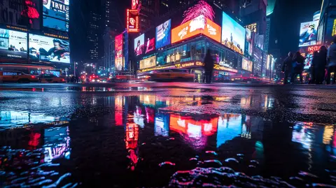 Neon-lit rainy night scene of Times Square, New York City, with vibrant billboards reflected in puddles on the ground.