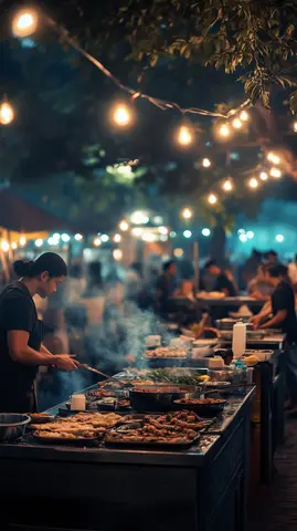 A street vendor grilling meat and vegetables at an outdoor night market illuminated by string lights.