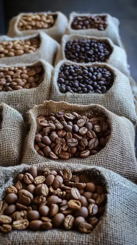 Various types of coffee beans arranged in burlap sacks, showcasing different shades of brown and cream colors.