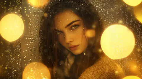 A woman with wet, curly hair stands amid glowing yellow bokeh lights, appearing pensive.