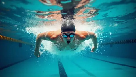 A swimmer plunges forward in a swimming pool, submerged underwater with bubbles trailing behind.