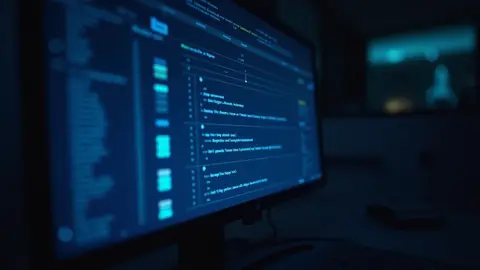 A computer screen displaying coding or programming text in a dark environment.