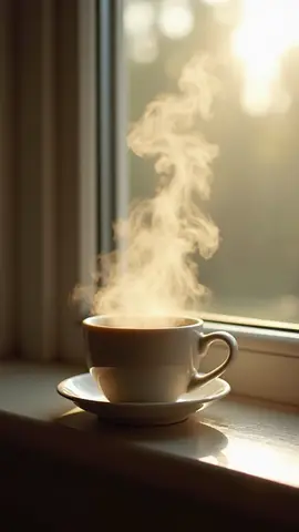 A steaming cup of coffee or tea on a windowsill, with sunlight streaming in and creating a soft, warm atmosphere.