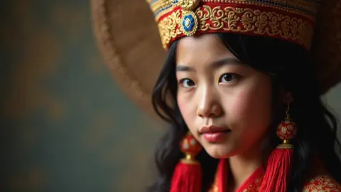 A young Asian woman wearing an ornate red and gold traditional headdress, looking directly at the camera.