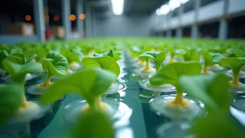 Rows of vibrant green seedlings growing in a water-filled nursery with futuristic lighting.