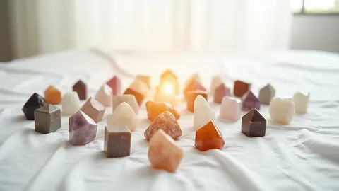 An array of polished gemstone crystals in various shades of orange, red, brown, and white arranged on a white fabric surface.