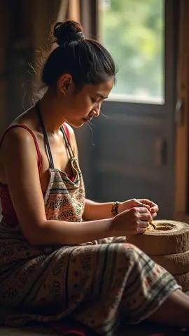 A young woman sitting by a window, appearing focused as she works on something with her hands.