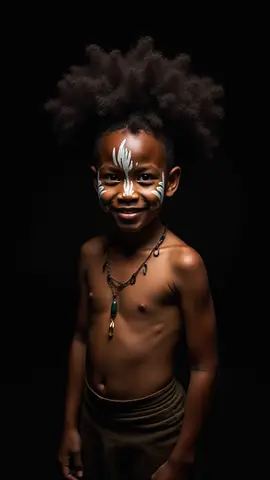 A young African child with intricate facial markings and wild, curly hair smiles against a black backdrop.