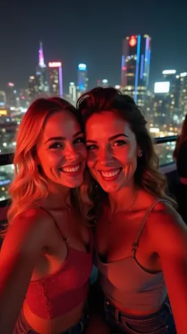 Two smiling young women take a selfie at night with the bright city skyline in the background.
