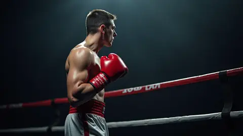 A muscular boxer stands in a boxing ring, wearing red gloves and shorts, ready to fight.