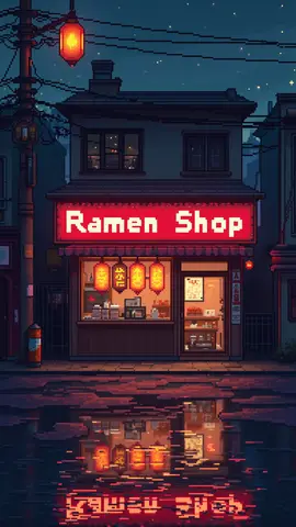 A cozy ramen shop on a rainy evening, illuminated with warm lights reflecting in the puddles on the street.