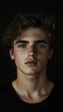 A headshot of a young man with tousled brown hair and intense green eyes against a dark background.