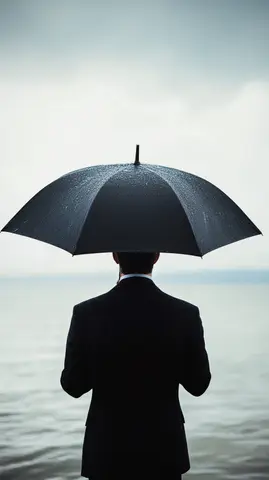 A silhouetted figure with an umbrella stands facing an expansive ocean, the horizon line dividing the image.