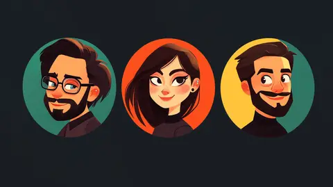 The image showcases three illustrated profiles of diverse individuals, two men and a woman, within colorful circular frames against a black background.