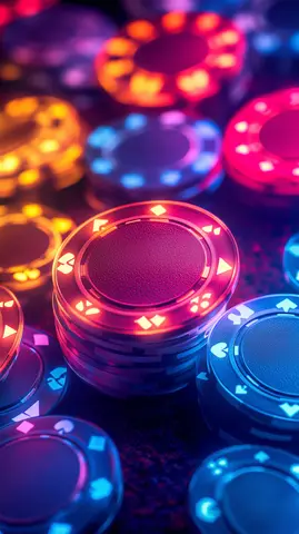 An assortment of colorful casino chips arranged on a surface, their vivid hues and lit-up edges creating an eye-catching display.