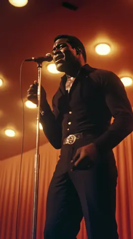 A male performer singing into a microphone on stage, illuminated by bright stage lights against a red backdrop.